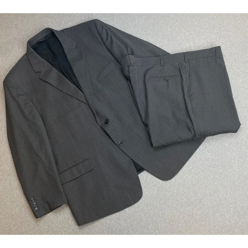 Jos A Bank Suit Men 50R Gray 100% Wool 2-Button Tailored Fit Pants 46x30 - 2 Pcs